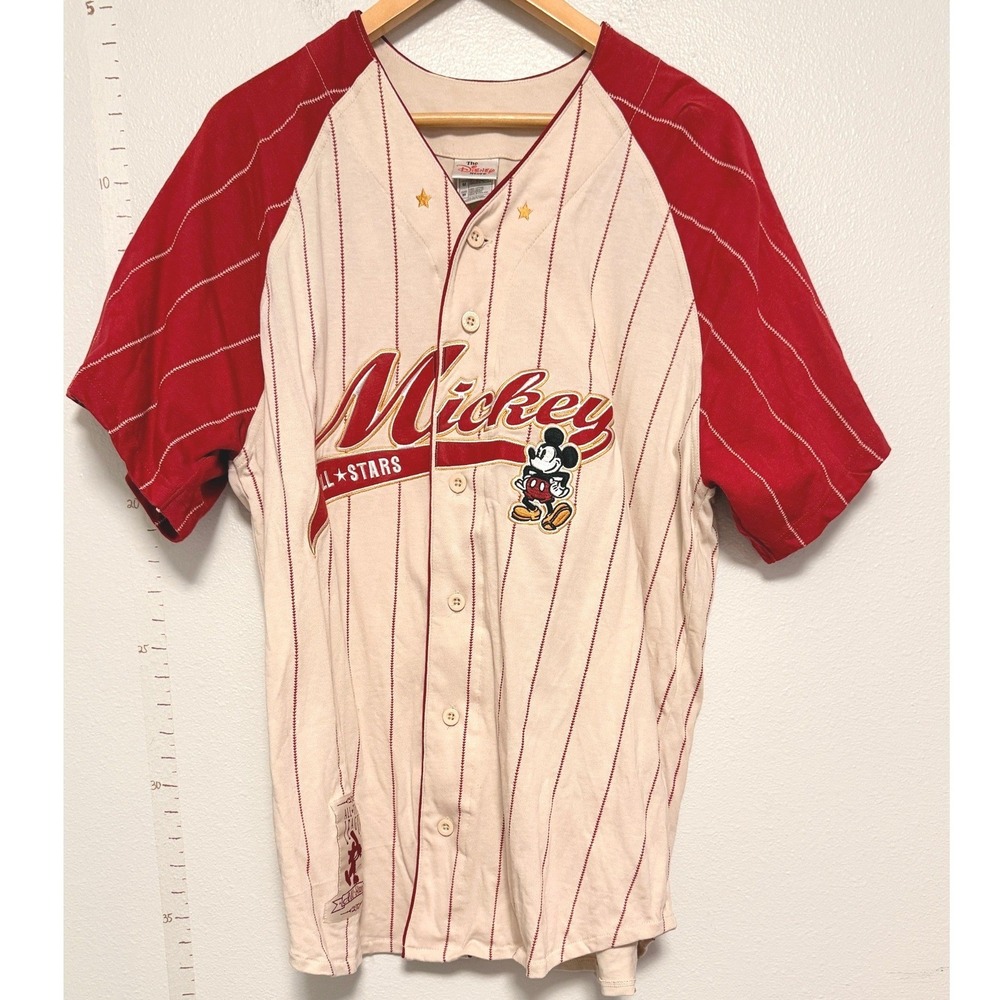 Disney Store Mickey Mouse Baseball Jersey Mens M Cream Red Pinstripe All Stars